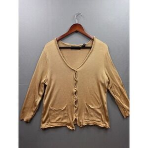 Dana Buchman Women's 1X Tan Gold Knit V-Neck Cardigan Sweater Gold Buttons